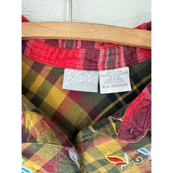 Vintage Blair Patchwork Plaid Embroidered Flannel Shirt XL - Picture 3 of 6
